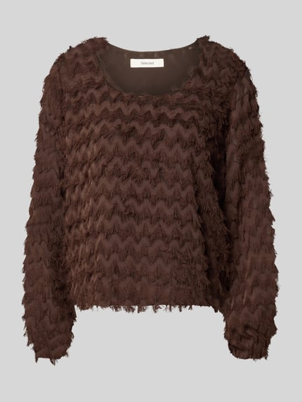 Produktfoto, Blusentop mit strukturierter Chiffonoberfläche von Selected, dunkle unifarbene Optik, langarm, elastischer Abschluss, cropped, Chiffonmaterial