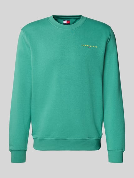 Produktfoto, Regular Fit Sweatshirt aus Baumwoll-Mix Modell 'LINEAR CREW' von Tommy Jeans in Unifarben Grün mit Label-Stitching-Applikation, Crew Neck, Langarm, gerippter Ärmel- und Rumpfabschluss, Materialverarbeitung Sweat, Herren