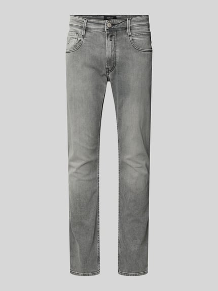 Produktfoto, Slim Fit Jeans mit Eingrifftaschen Modell 'Anbass' von Replay, szary bawełniano-elastanowy materiał, krój slim fit, Szerokość w rozmiarze 32/32: 44 cm, długość nogawki wewnętrznej: 81 cm