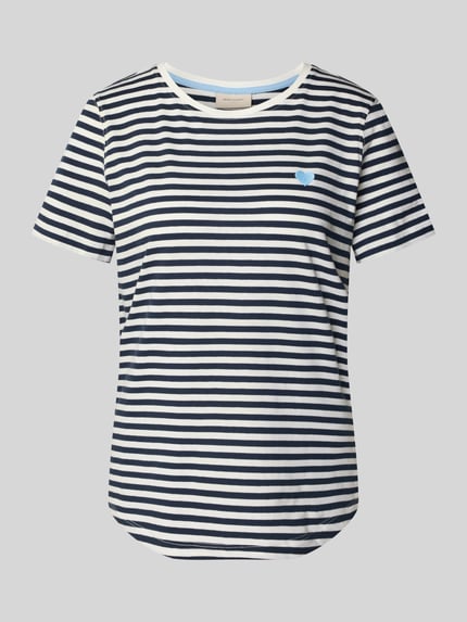 Productfoto, T-Shirt met Motiv-Stitching en ronde hals van FREE/QUENT, rechte fit, witte en donkerblauwe strepen, katoenen textuur, afgeronde zoom, model 'Mian', ruglengte maat S 65 cm
