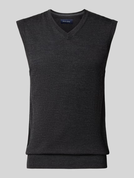 Produktfoto, Slim Fit Pullunder aus Baumwoll-Mix mit V-Ausschnitt von Christian Berg Men, dunkelgrau, gerippte Abschlüsse, Strick-Optik