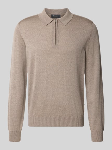 Produktfoto, Strickpullover aus Schurwolle mit Polokragen von MAERZ Muenchen in Beige, Slim Fit, Reißverschluss, feine Textur, lange Ärmel