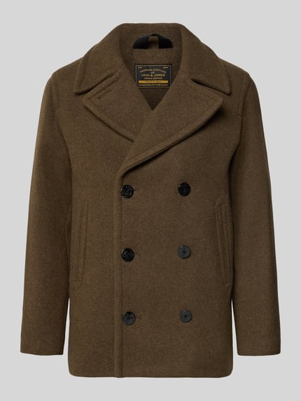 Produktfoto, Jacke aus Woll-Mix mit Reverskragen von JACK & JONES, heren jack in wolmix, regular fit, met dubbele rij knopen, steekzakken, ruglengte maat M 74 cm, schouderbreedte 45 cm, borstwijdte 60 cm, mouwlengte 65 cm, bruine tinten, stevige textuur, rechte vormen