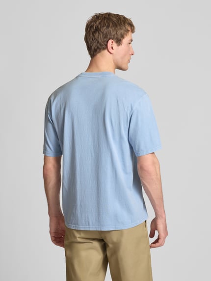 Männermodel trägt T-Shirt mit Rundhalsausschnitt und Label-Stitching von Dickies in Hellblau, Regular Fit, reine Baumwolle, Rückenansicht Ganzkörperansicht.