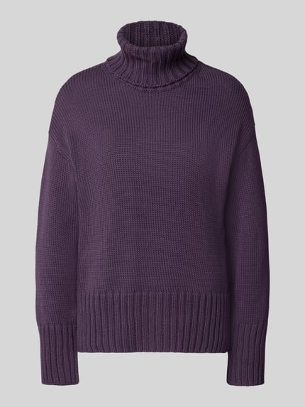 Produktfoto, Relaxed Fit Strickpullover aus reiner Baumwolle mit Rollkragen von MOS MOSH in Dunkellila mit elastischen Abschlüssen und grober Strickstruktur.
