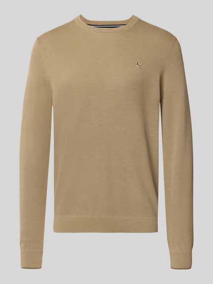 Produktfoto, Regular Fit Strickpullover aus reiner Baumwolle mit Label-Detail von LERROS in Beige, elastische Abschlüsse, strukturierte Oberfläche, Rückenlänge 68 cm, Ärmellänge 69 cm
