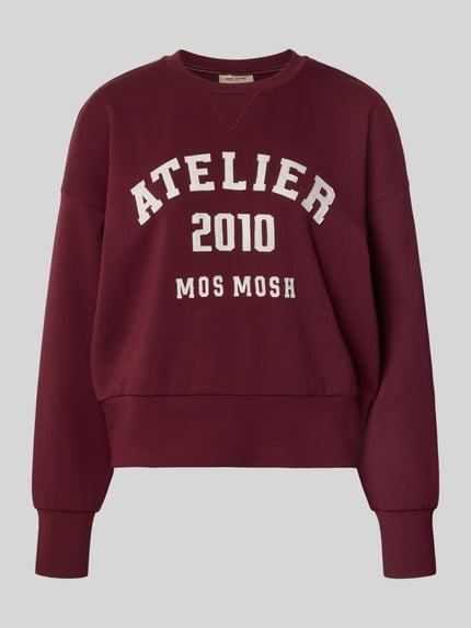 Produktfoto, Oversized Sweatshirt aus Viskose-Mix Modell 'Nima' von MOS MOSH in bordeaux, elastische boordjes, Opschrift patch, viscosemix met stretch