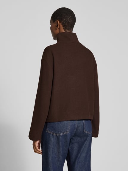 Frauenmodel trägt Pullover mit Rollkragen von S.OLIVER CASUAL in Uni-Strickoptik, Struktur, Regular Fit, cropped, Ganzkörperansicht Rückansicht.