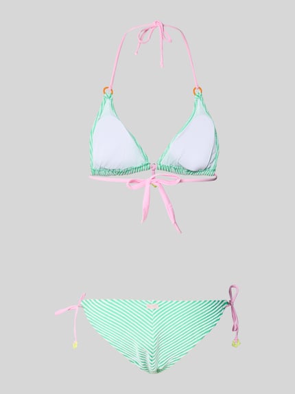 Vrouwenmodel draagt Slim Fit bikini met siergarnering model 'Elsa' van Banana Moon in groen-wit, katoenmix, dames, Ganzkörperansicht von vorne.