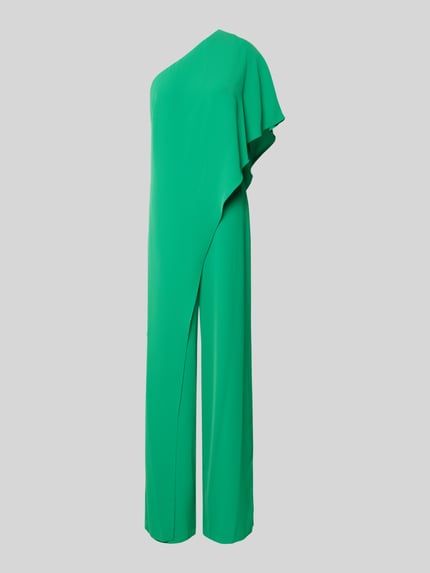 Produktfoto, Jumpsuit mit Cape Modell 'April' von Lauren Ralph Lauren in Grün, gerader Schnitt, One-Shoulder-Träger, Reißverschluss, Cape, glatte Oberfläche, Rückenlänge Größe 36: 50 cm, Brustweite 42 cm, Gesamtlänge 150 cm, Innenbeinlänge 85 cm.