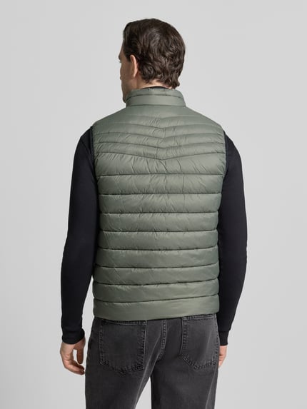 Männermodel trägt Regular Fit Steppweste mit Stehkragen Modell 'ODENO2' von BOSS Orange in Unifarben, Ganzkörperansicht Rückansicht.