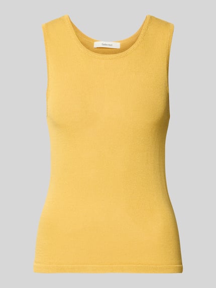 Produktfoto, Regular Fit T-Shirt aus Viskose-Mix von Selected Femme Modell 'Moon', Optik: Unifarben, Passform: Regular-Fit, Rundhals, Ärmelform: Ohne, Materialverarbeitung: Strick, Farbe: Gelb