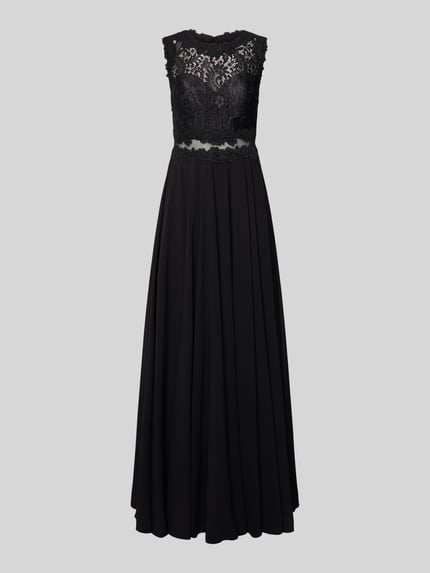 Produktfoto, Abendkleid mit Spitze und Rundhalsausschnitt von Mascara, A-Linie, Maxikleid, schwarze Spitze, glatter Rock, Damen, Rückenlänge 153 cm, Brustweite 33 cm.