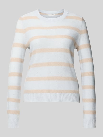 Produktfoto, Strickpullover aus Kaschmir-Mix von Christian Berg Woman mit beigen und weißen Streifen, Rundhalsausschnitt, taillierte Passform, langärmelig, weiche Struktur