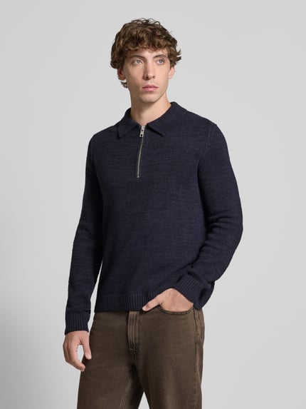 Marc O'Polo DENIM Sweter o kroju relaxed fit w stylu polo z dzianiny z mieszanki bawełny Granatowy 4