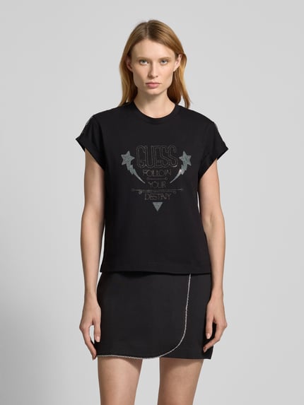 GUESS T-shirt z detalem z logo Czarny 4