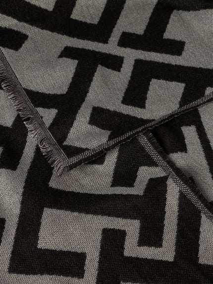 Produktfoto, Schal mit Woll-Anteil von Tommy Hilfiger in Optik:Allover-Muster mit Logo-Muster, kurze Fransen, Webware, schwarz-grau