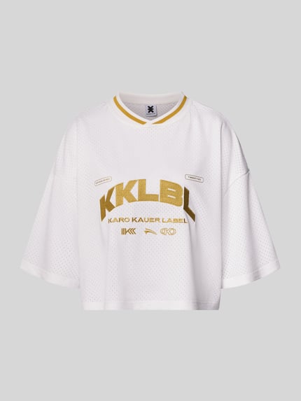 Produktfoto, Cropped T-Shirt mit rückseitigem Logo-Print van Karo Kauer, wit met gouden logoprint, meshstructuur, dames, loose fit, ronde hals