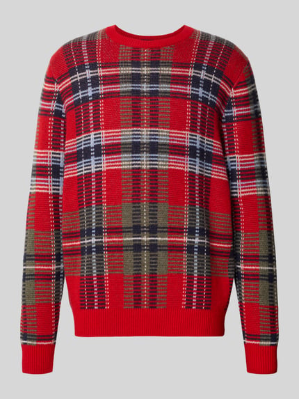 Productfoto, Oversized Pullover aus reinem Kaschmir van Christian Berg Men in rood, olijfgroen, blauw met ruitpatroon, oversized fit, ronde hals, elastische boordjes, ruglengte maat M 72 cm, mouwlengte maat M 68 cm, dames pullover van kasjmier