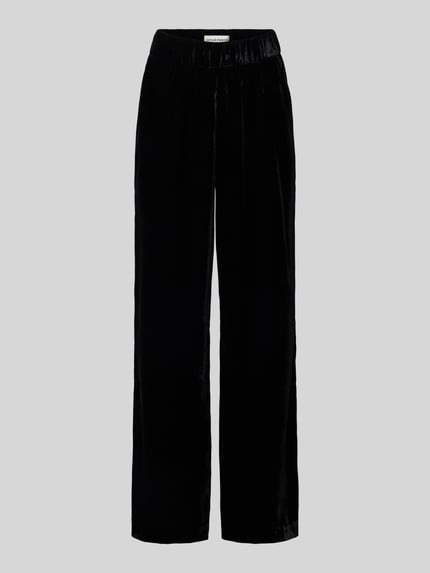 Produktfoto, czarne spodnie materiałowe z elastycznym pasem, luźny krój, model 'Mucia' od OPUS PANTS, wpuszczane kieszenie z przodu, kieszenie z tyłu, szerokość w pasie 37 cm, długość wewnętrzna nogawki 79 cm, rozmiar 36.