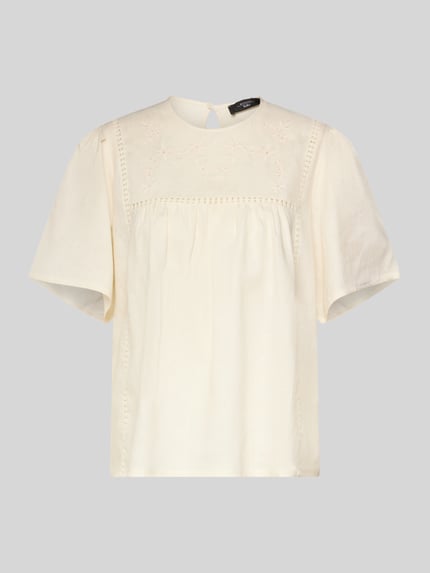 Produktfoto, Loose Fit T-Shirt aus reinem Leinen Modell 'BACINO' von Weekend Max Mara mit Optik:Allover-Muster, florales Muster, Intarsie, U-Ausschnitt, Kurzarm, Materialverarbeitung: Flammgarn, Farbe creme, glatte Textur