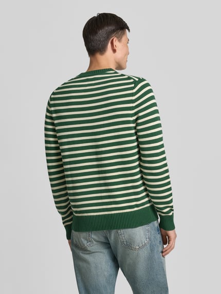 Männermodel trägt Strickpullover mit Rundhalsausschnitt von Wood Wood, Reine Baumwolle, Gerader-Schnitt, Label-Stitching, Ganzkörperansicht Rückansicht