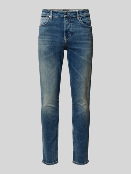 Produktfoto, blauwe slim fit jeans met licht gewassen effect en rechte pijpen, Slim Fit Jeans aus Baumwoll-Mix Modell 'ONYX' van BOSS Orange