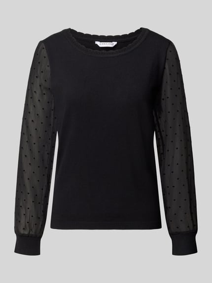 Produktfoto, Regular Fit Strickpullover aus Viskose-Mix Modell 'Fr44anziska' von ZABAIONE, Schwarz, transparente Ärmel mit Punktemuster, Strasssteine, Muschelsaum, feine Strickstruktur, Rückenlänge 55 cm, Ärmellänge 60 cm