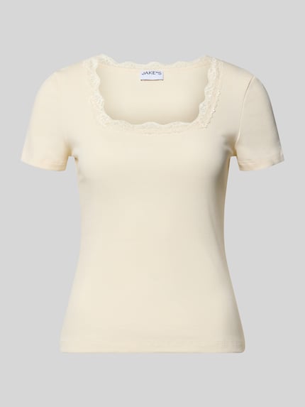 Produktfoto, T-shirt in riblook met kant van Jake*s Casual, mix van katoen en elastaan, slim fit, vierkante hals, ruglengte 52 cm, maat S
