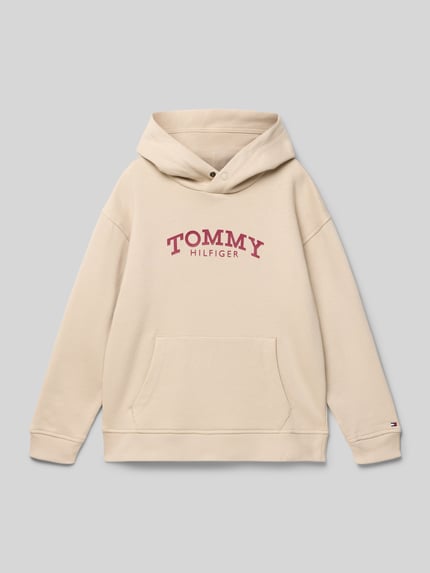 Produktfoto, beigefarbener Regular Fit Hoodie aus Baumwoll-Mix von Tommy Hilfiger Kids mit Label Print, Kängurutasche und Stehkragen mit Kapuze, Sweatstruktur