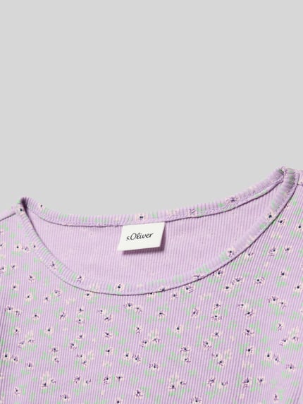 Produktfoto, Slim Fit Langarmshirt uit katoenmix van s.Oliver RED LABEL, all-over bloemenmotief, geribde structuur, lila, groene en witte accenten