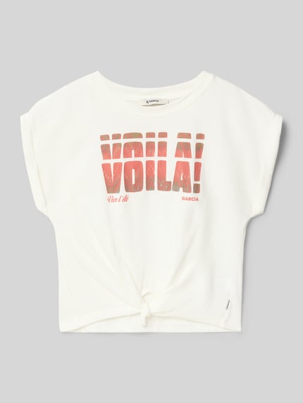Produktfoto, Regular Fit T-shirt met motiefprint van Garcia voor kinderen van puur katoen, ronde hals, kapmouwen, logoprint, plooien, ruglengte maat 140: 37 cm