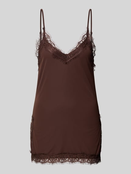 Produktfoto, Regular Fit Top met kant van Gina Tricot in bruin met V-hals, verstelbare spaghettibandjes, ruglengte maat S 47 cm