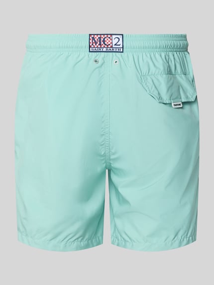 Produktfoto, hellblaue Badehose mit Logo-Print Modell 'Lighting Pantone' von MC2 Saint Barth, Logo-Patch, Geschenkbox, glatte Struktur