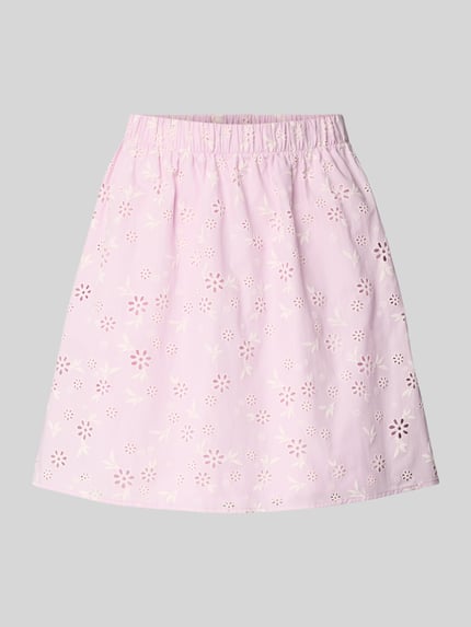 Produktfoto, Regular Fit Mini-Rock aus reiner Baumwolle Modell 'BANNA' von Pieces, mehrfarbige Optik mit floralem Muster, Popeline-Textur, Mini-Länge, elastischer Bundabschluss.