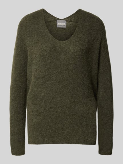 Produktfoto, Strickpullover aus Woll-Mix mit V-Ausschnitt Modell 'THORA' van MOS MOSH, groene kleur, zachte textuur, regular fit, dames, wolmix met alpaca, ruglengte maat S 82 cm, mouwlengte 46 cm.