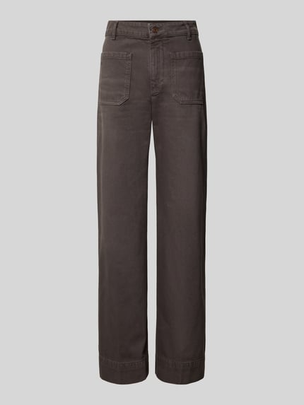 Produktfoto, Straight Fit Jeans aus reiner Baumwolle von Victoria Beckham w kolorze ciemnego brązu, nakładane kieszenie, zapięcie na guzik i zamek błyskawiczny, zaznaczone przetarcia, długość wewnętrzna nogawki 82 cm, szerokość w rozmiarze 27/32: 36 cm, materiał: bawełna