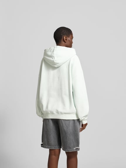 Männermodel trägt Oversized Hoodie mit Logo-Stitching van Anine Bing in lichtgroen, katoen, oversized fit, capuchon, kangoeroezak, ruglengte 64 cm, geheelopname rugaanzicht.