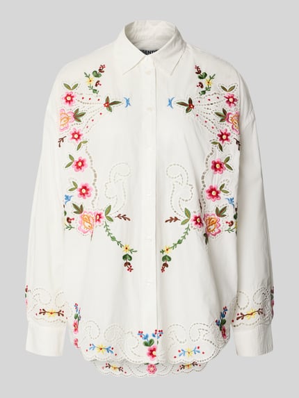 Produktfoto, Damen Langarmbluse Modell 'JAYME' von Essentiel Antwerp, weiß mit bunten Stickereien, florale Muster und Lochstickerei