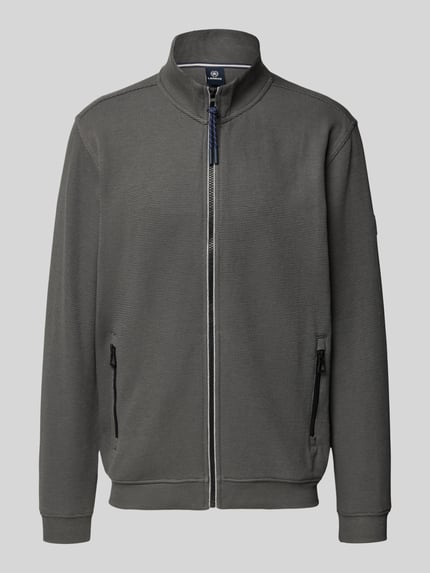 Produktfoto, Sweatjacke mit Strukturmuster und Reißverschlusstaschen von Lerros in Grau, Baumwoll-Mix, Regular-Fit, Stehkragen, zwei Reißverschlusstaschen, feine Struktur, glatte Textur, Rückenlänge 70 cm, Ärmellänge 66 cm.