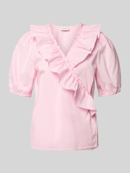 Produktfoto, roze wikkelblouse met V-hals met ruches, recht model, 1/2-mouwen met elastische boord, puur katoen, model 'Malay' van FREE/QUENT, ruglengte maat S 59 cm, mouwlengte 31 cm
