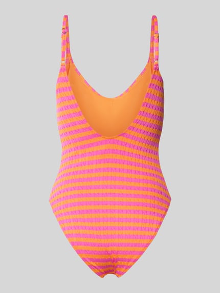 Produktfoto, Badeanzug mit Strukturmuster von Polo Ralph Lauren, Optik:Allover-Muster, gestreift, orange-pink, Logo-Stitching, V-Ausschnitt, Rückenausschnitt