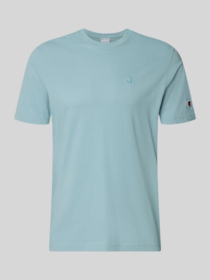 Productfoto, T-shirt met Label-Stitchings en ronde hals van CHAMPION, heren T-shirt van puur katoen, regular fit, ruglengte maat M 66 cm, lichtblauw, gladde textuur