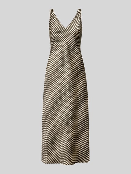 Produktfoto, Midikleid mit V-Ausschnitt Modell 'Qova wave' von Someday, gerade Form, Satin, grafisches Wellenmuster in Beige und Schwarz