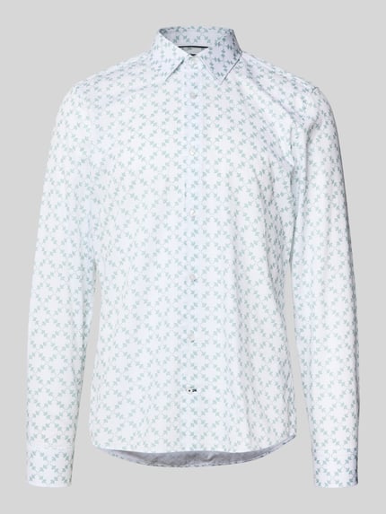 Produktfoto, Slim Fit Businesshemd mit Knopfleiste von JOOP! Collection in Weiß mit blauem Muster, reine Baumwolle, Kentkragen, glatte Textur