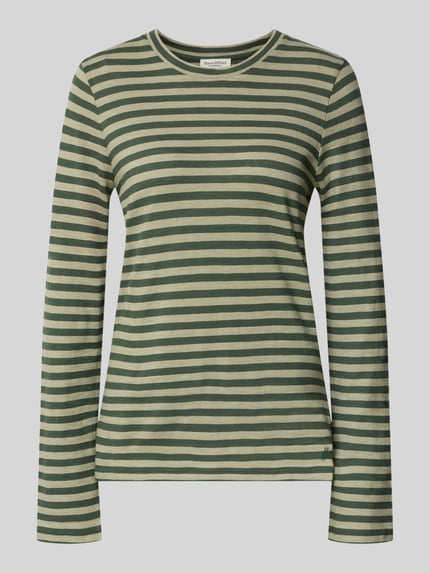 Produktfoto, Regular Fit Langarmshirt aus reiner Baumwolle von Marc O'Polo, zielone i beżowe paski, gładka faktura, damska bluzka z długim rękawem