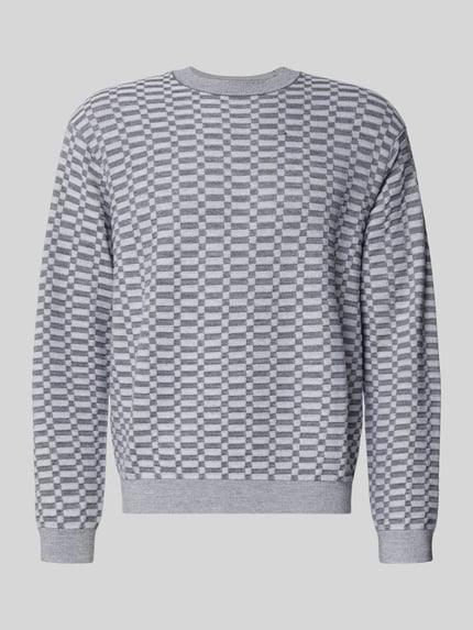 Produktfoto, Strickpullover mit gerippten Abschlüssen von Emporio Armani, Reine Schurwolle, Regular-Fit, graues Karo-Muster, Rundhalsausschnitt