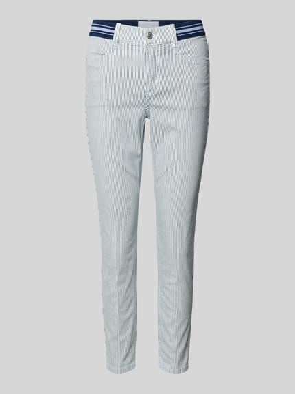 Produktfoto, Slim Fit Jeans mit elastischem Bund Modell 'Ornella' von Angels aus elastischem Baumwoll-Mix, feine blaue Streifen, Eingriff- und Gesäßtaschen, Knopf- und Reißverschluss, Bundweite 37 cm, Innenbeinlänge 69 cm, für Damen.