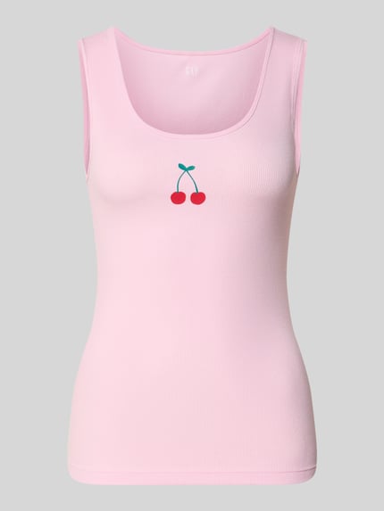 Productfoto, Slim Fit Top met Logo-Print van GAP, lichtroze ribstof katoenmix, ronde hals, logoprint, ruglengte maat S 58 cm.
