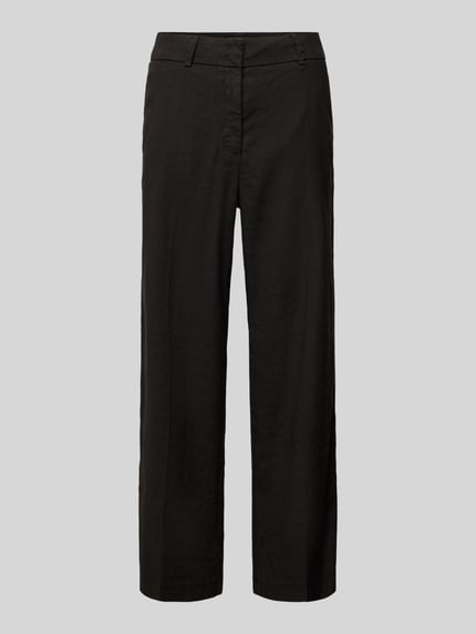 Produktfoto, dunkle Damen Chino aus Leinen-Mix mit Bügelfalte Modell 'CALIFORNIA' von Cambio, Straight Fit, glatte Textur, vorne sichtbarer Haken- und Reißverschluss, französische Eingrifftaschen, Gesäßtaschen, Bundweite 41 cm, Innenbeinlänge 68 cm, Größe 36.